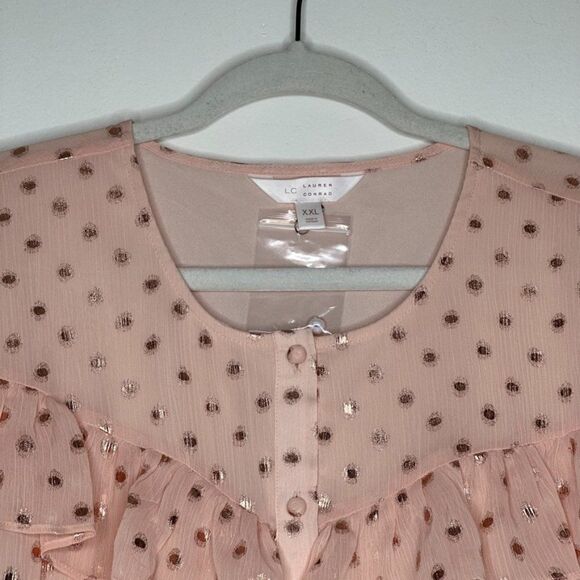 Lauren Conrad pink gold shiny button up blouse cottagecore 100% Polyester - Picture 3 of 5